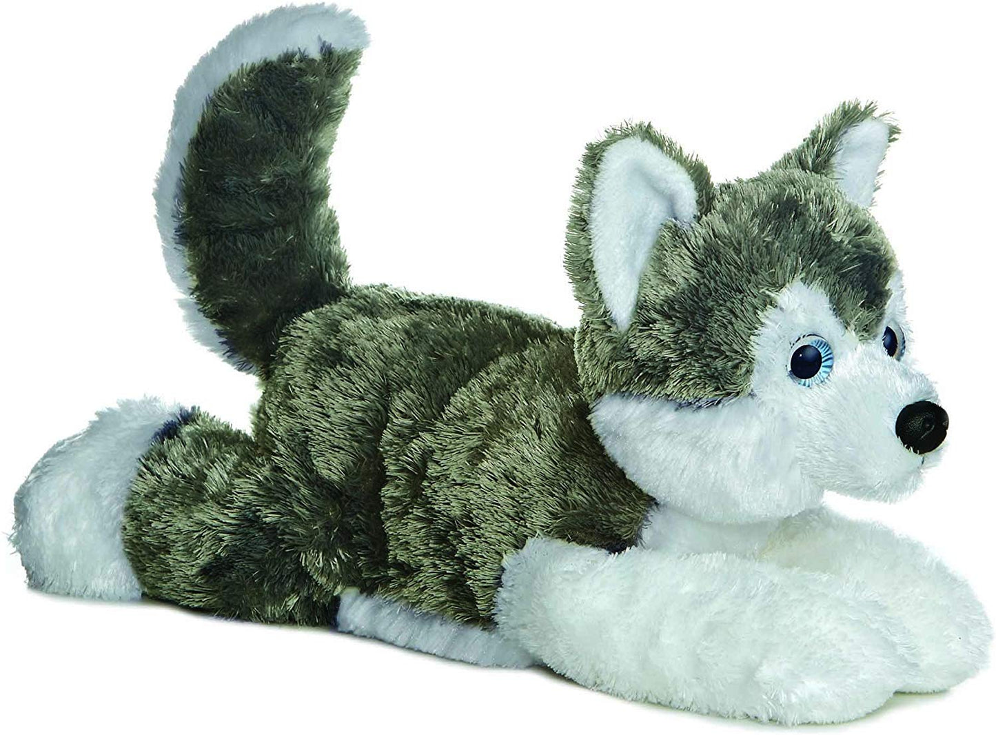 Grau-weißer Husky aus Plüsch, liegend, mit blauen Augen, 31 cm