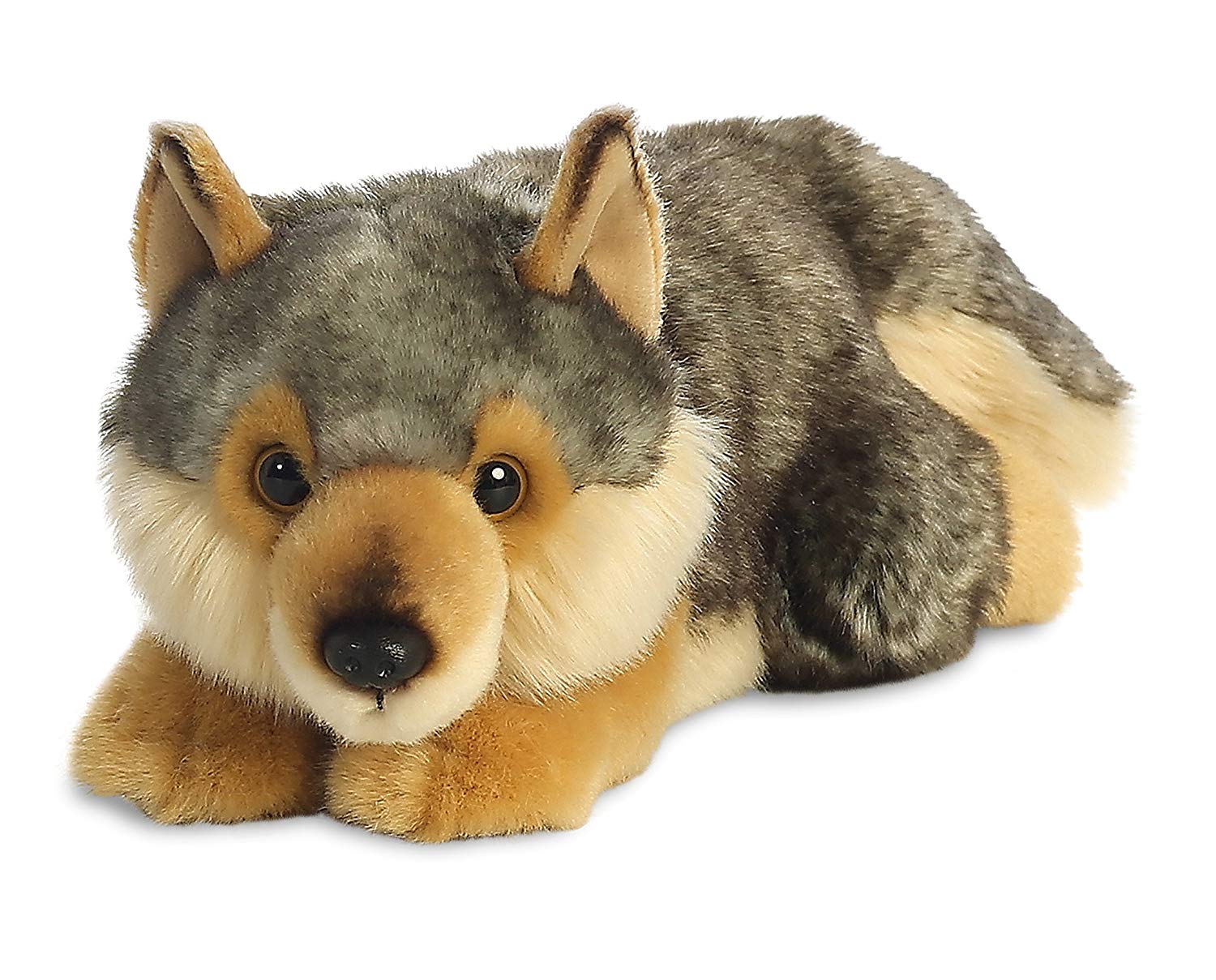 Liegendes Wolf-Kuscheltier mit grauem Fell, 28 cm