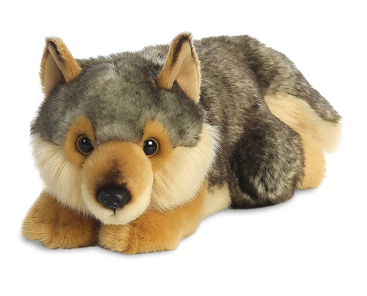Liegendes Wolf-Kuscheltier mit grauem Fell, 28 cm